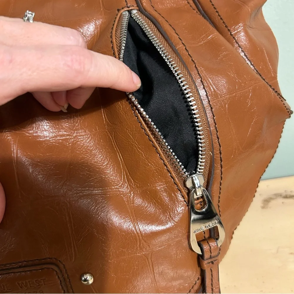 Nine West Cognac Tan Embossed Faux Leather Croc Reptile Print Hobo Bag Purse